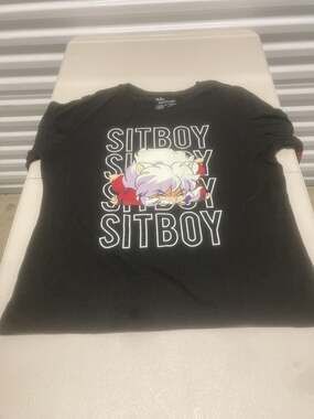 Inuyasha 'Sit Boy' Graphic Long Sleeve T-Shirt with Striped Sleeves